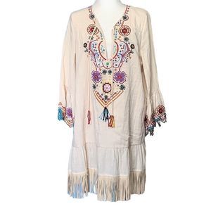 Bohemian Ivory Multicolor Floral Embroidered Fringe Hem 3/4 Sleeve Tunic Top XL